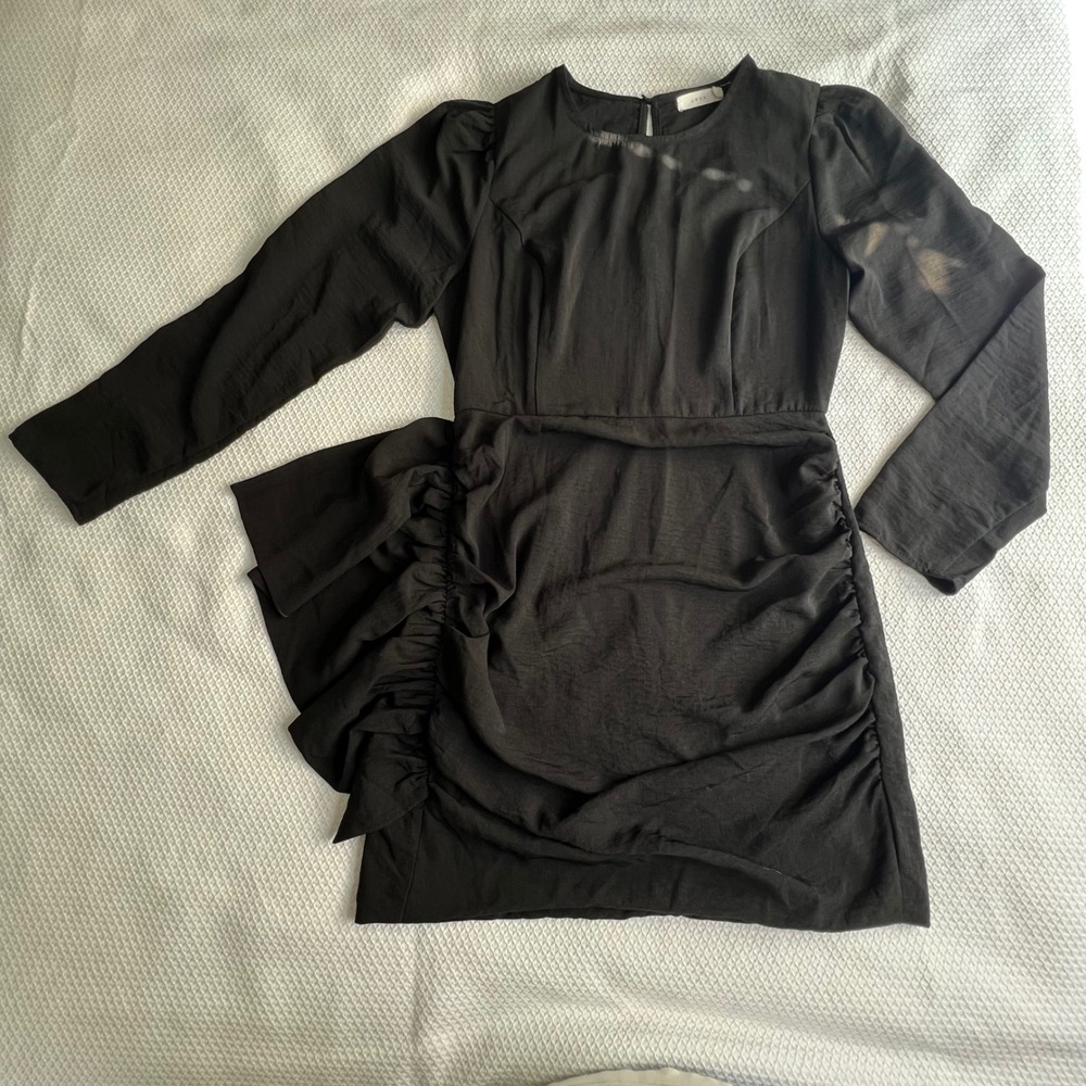 Lush Black Puff Sleeve Ruched Sheath Dress Midi Size Medium Holiday New Years